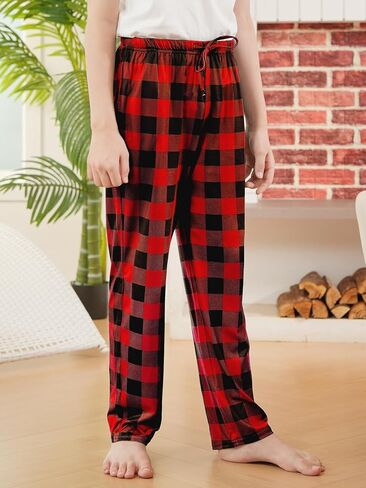 Cooraby Boys Plaid Pants Boys Girls Printed Plaid Pants with Pockets Drawstring Elastic Waist Plaid Pants for Christmas in Kuwait