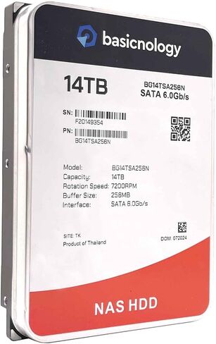 Basicnology NAS HDD 14 تيرابايت 7200 دورة في الدقيقة SATA 6 جيجابايت/ثانية 128 ميجابايت كاش 3.5 بوصة محرك الأقراص الصلبة الداخلي NAS (BG14TSA256N) - ضمان 3 سنوات (متجدد) in Saudi Arabia