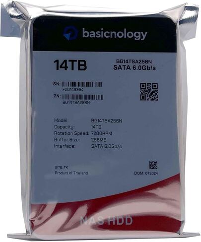 Basicnology NAS HDD 14 تيرابايت 7200 دورة في الدقيقة SATA 6 جيجابايت/ثانية 128 ميجابايت كاش 3.5 بوصة محرك الأقراص الصلبة الداخلي NAS (BG14TSA256N) - ضمان 3 سنوات (متجدد) in Saudi Arabia