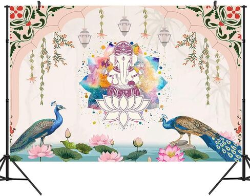 Ticuenicoa 7x5ft India Traditional Backdrop Peacock Lotus Watercolor Rainbow Ganesha Pink Background Puja Ganpati Pooja Mehndi backdrops Decorations Wedding Party Marigold Garlands Photo Props in Saudi Arabia