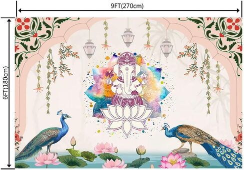 Ticuenicoa 7x5ft India Traditional Backdrop Peacock Lotus Watercolor Rainbow Ganesha Pink Background Puja Ganpati Pooja Mehndi backdrops Decorations Wedding Party Marigold Garlands Photo Props in Saudi Arabia