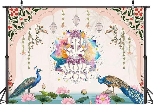 Ticuenicoa 7x5ft India Traditional Backdrop Peacock Lotus Watercolor Rainbow Ganesha Pink Background Puja Ganpati Pooja Mehndi backdrops Decorations Wedding Party Marigold Garlands Photo Props in Saudi Arabia