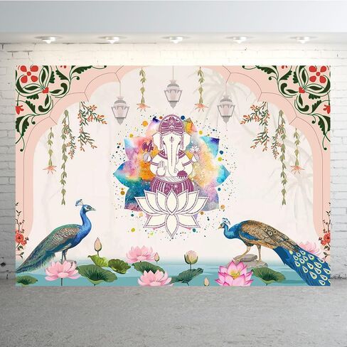 Ticuenicoa 7x5ft India Traditional Backdrop Peacock Lotus Watercolor Rainbow Ganesha Pink Background Puja Ganpati Pooja Mehndi backdrops Decorations Wedding Party Marigold Garlands Photo Props in Saudi Arabia