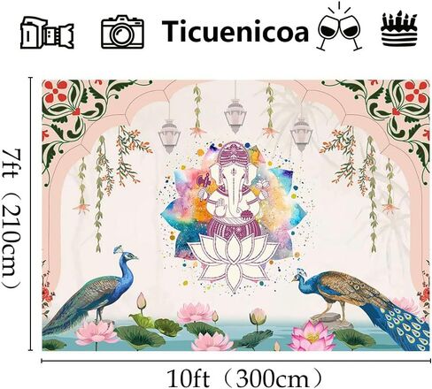 Ticuenicoa 7x5ft India Traditional Backdrop Peacock Lotus Watercolor Rainbow Ganesha Pink Background Puja Ganpati Pooja Mehndi backdrops Decorations Wedding Party Marigold Garlands Photo Props in Saudi Arabia