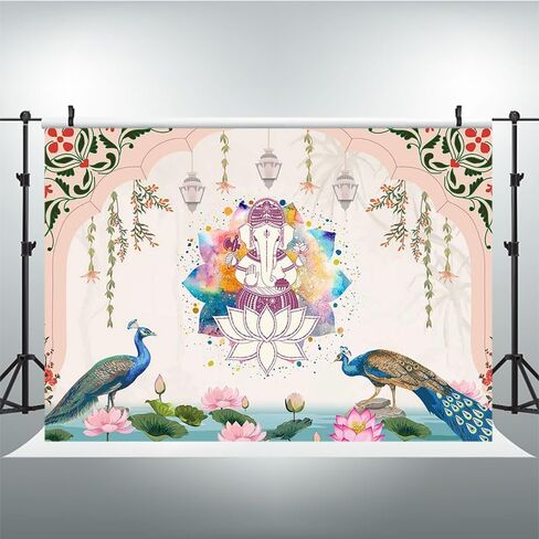 Ticuenicoa 7x5ft India Traditional Backdrop Peacock Lotus Watercolor Rainbow Ganesha Pink Background Puja Ganpati Pooja Mehndi backdrops Decorations Wedding Party Marigold Garlands Photo Props in Saudi Arabia