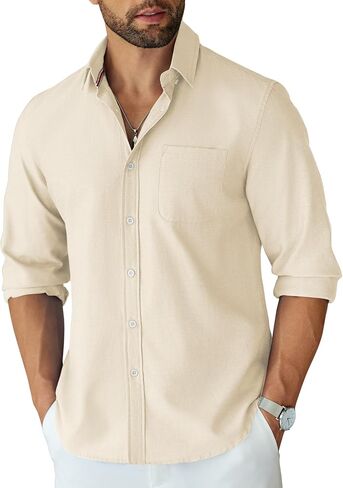 COOFANDY Men's Linen Shirts Casual Button Down Long Sleeve Beach Shirt with Pocket in Saudi Arabia