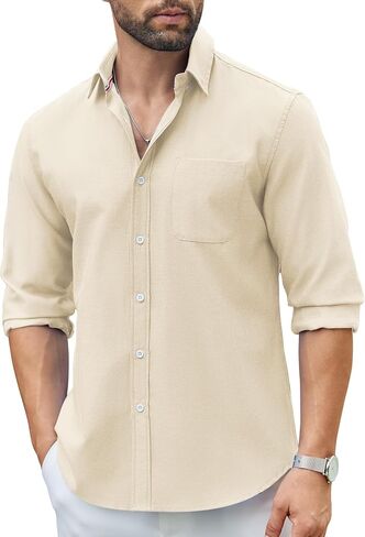 COOFANDY Men's Linen Shirts Casual Button Down Long Sleeve Beach Shirt with Pocket in Saudi Arabia