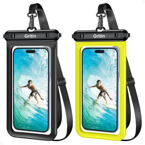 Gritin Waterproof Phone Pouch,[2 Pack]IPX8 Universal Waterproof Phone Case Dry Bag for Swimming, Adjustable Lanyard Underwater Phone Case for iPhone 15 14 13,Galaxy and Phones up to 7.2"-Black+Yellow in Saudi Arabia