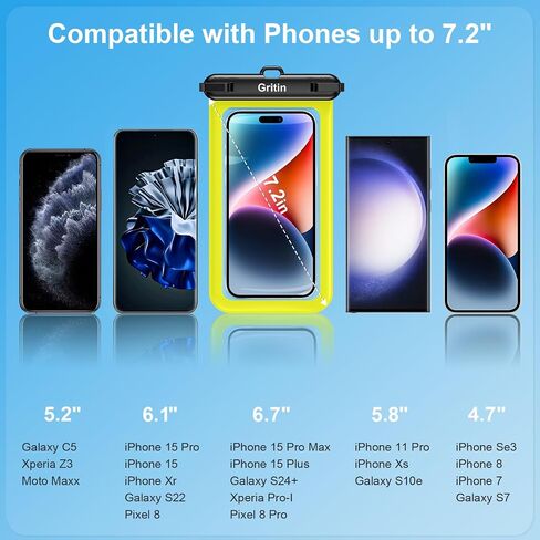 Gritin Waterproof Phone Pouch,[2 Pack]IPX8 Universal Waterproof Phone Case Dry Bag for Swimming, Adjustable Lanyard Underwater Phone Case for iPhone 15 14 13,Galaxy and Phones up to 7.2"-Black+Yellow in Saudi Arabia