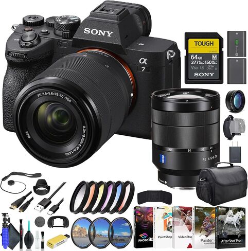 Sony a7 IV Mirrorless Camera with 28-70mm Lens ILCE-7M4K/B, Sony FE 24-70mm Lens SEL2470Z, 64GB Memory Card, Filter Kit, Wide Angle Lens, Color Filter Kit, Lens Hood, Bag, and More in Saudi Arabia
