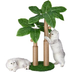29.7inch Cat Scratching Post,Cat Scratcher Cat Tree with 2 Sisal Scratching Poles & 2 Interactive Dangling Balls,Cats Scratching Posts for Indoor Kitten & Adult Cats (2 Posts Monstera Tree)