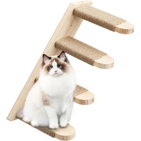 Cat Climbing Shelf 4 Stair Shelf with Jute Scratching Reversible Cat Wall Stairs Activity Tree Wood Cat Wall Steps Shelves for Kitty Cats Ivory Wall Mounted