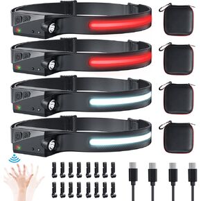 Rechargeable Headlamp 4PCS, 230° Wide Beam Head Lamp with Red Light Option, 6Mode Headlamps for Adults, Motion Sensor LED Headlamp with storage case, Headlamp Flashlight for Camping Essentials Gear