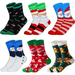 SUNOVELTIES Christmas Socks for Women/Men, 6 Pairs Xmas Pattern Soft Winter Socks Bulk Novelty Cotton Crew Holiday Gifts