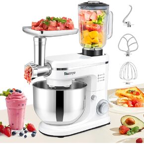 Huanyu 3-in-1 Multifunctional Stand Mixer with 1.5L Blender and Meat Grinder Electric Kitchen Mixer with 6L Stainless Steel Bowl 6 Speed Food Mixer for Most Home Cooking