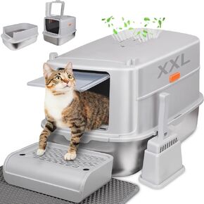 ELEGX Odor-Control Stainless Steel Cat Litter Box,XL Large 4-in-1 Cat Metal Litter Box Set,Enclosed Removable Metal Litter Box with High Sided Enclosure,Cat Litter Mat & Scoop,Extremely Easy to Clean
