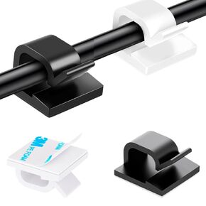 [100Pcs] Adhesive Cable Clips (Large, White&Black) Under Desk Cable Management Clips - Strong Cord Organizer Clips Wall Wire Holder - Light Clips Hooks for LED, Car Dash Cam, USB Cable