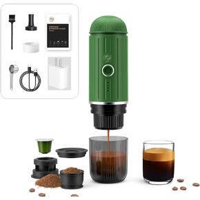 Portable Espresso Machine with 3-4 Min Self-heating, 12V Rechargeable Electric Coffee Machine 19 Bar Compatible with NS Capsules and Ground Coffee for Car Camping Travelling