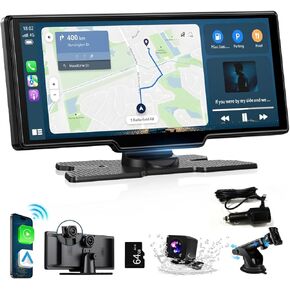 Wireless Carplay Screen for Car, 10.26" Android Auto Screen Compatible with A-pple CarPlay, 4K Front & 1080P Rear Cameras Loop Recording, FM, AUX, BT, MirrorLink, Voice Control, Navigation for iOS 10+