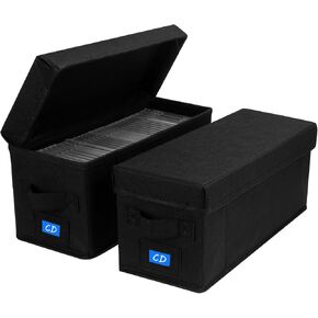 CD Case Holder with Handles and Lid – CD Storage Box with External Label Slots, Easy-to-Move Organizer Case for Efficient Media Storage,4Pack-Black