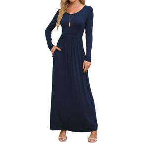 DEARCASE Maxi Dress for Women Red X-Large Crewneck Long Sleeves Wedding Guest Loose Plain Casual Empire Waist Flowy Party Beach Vintage A-line Spring Fall Winter Floor Dresses with Pocket