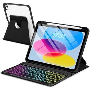 Case with Keyboard for iPad 10th Generation 10.9 inch 2022,7 Color Rainbow Backlit Detachable Wireless Keyboard Rotatable Magnetic Cover with Pencil Holder for iPad 10 Gen Watermelon Red