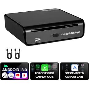CarPlay CD Player Built-in Wireless CarPlay Android Auto, Android 13 CarPlay AI Box Car Video Streamjng Box, External Portable CD Player for Car USB Port, Only for Cars with Wired CarPlay