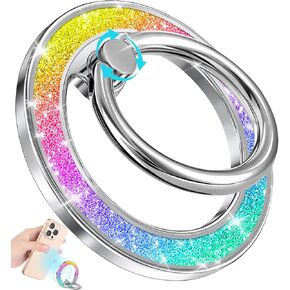 Phone Ring Holder Compatible with MagSafe - Magnetic Cell Phone Grip for Women Cute Magnet Removable Finger Ring Grip Stand Glitter Sparkle for iPhone 16 15 14 13 Pro Max Plus, Rainbow