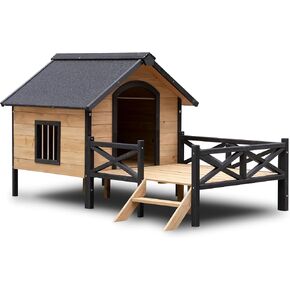 Wooden Large Dog House 43.3" L x 69.9" W x 32.7" H Extreme Outback Log Cabin Weatherproof Outdoor Pet Kennel, Cabin Style Elevated Pet Shelter w/Porch Deck