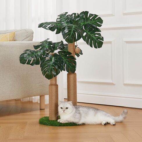 29.7inch Cat Scratching Post,Cat Scratcher Cat Tree with 2 Sisal Scratching Poles & 2 Interactive Dangling Balls,Cats Scratching Posts for Indoor Kitten & Adult Cats (2 Posts Monstera Tree) in Saudi Arabia