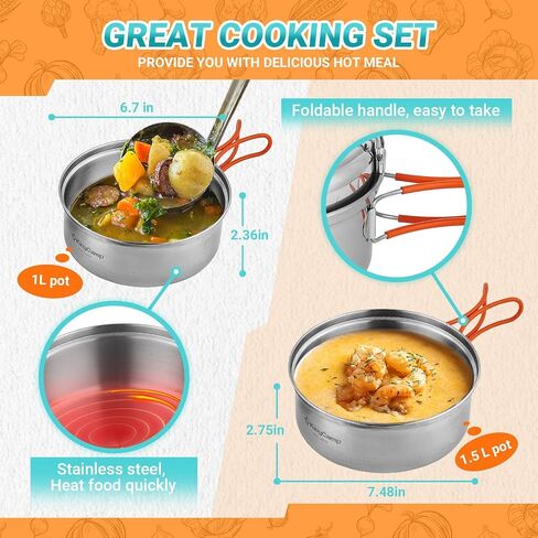 KingCamp 17/25pcs Stainless Steel Camping Cookware Mess Kit Camping Cooking Set Backpacking Gear Lightweight Pots and Pans Set for Camping Hiking Picnic in Saudi Arabia