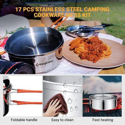 KingCamp 17/25pcs Stainless Steel Camping Cookware Mess Kit Camping Cooking Set Backpacking Gear Lightweight Pots and Pans Set for Camping Hiking Picnic in Saudi Arabia