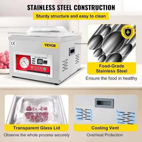 VEVOR Chamber Vacuum Sealer، قوة مضخة تفريغ 380 وات، آلة تعبئة الفراغ للأطعمة الرطبة واللحوم، تصميم مدمج بطول إغلاق 11.5 بوصة، مانع تسرب فراغ تجاري مثالي للاستخدام الاحترافي والمنزلي in Kuwait