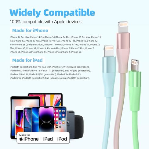 شاحن iPhone 3Pack 10 FT Apple MFi Certified Lightning Cable شحن سريع سلك شاحن iPhone متوافق مع iPhone 14 13 12 11 Pro Max XR XS X 8 7 6 Plus SE iPad والمزيد - متعدد الألوان in Saudi Arabia