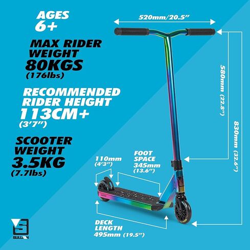 Sullivan Antic V2 Pro Scooter Aurora - سكوتر حيلة للأطفال مع سطح ألومنيوم متين 6061، وعجلات عالية الارتداد 110 مم، ولمسة نهائية ملونة أنيقة - مثالية لحدائق التزلج والجري المدرسية! in Kuwait