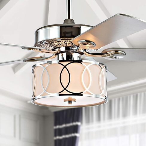 JONATHAN Y JYL9607A 52 بوصة 3-Light Chrome Drum Shade LED مروحة سقف + جهاز تحكم عن بعد، مزرعة تقليدية ريفية صناعية بوهيمية ريفية كوخ ريفي انتقالي للمنزل والمطبخ وغرفة المعيشة in Saudi Arabia