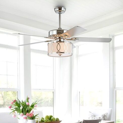 JONATHAN Y JYL9607A 52 بوصة 3-Light Chrome Drum Shade LED مروحة سقف + جهاز تحكم عن بعد، مزرعة تقليدية ريفية صناعية بوهيمية ريفية كوخ ريفي انتقالي للمنزل والمطبخ وغرفة المعيشة in Saudi Arabia