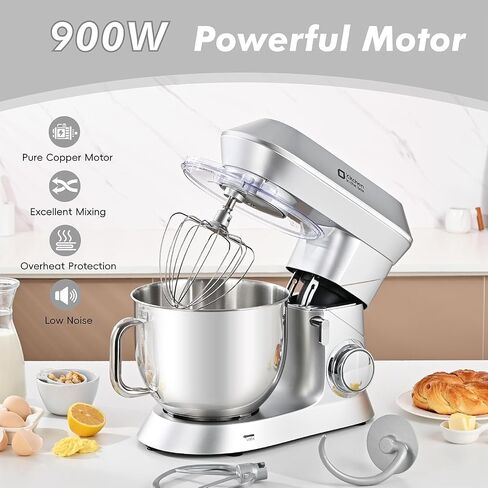 Kitchen in the box Stand Mixer, 900W 7.5QT Kitchen Electric Mixer, 6-Speed Tilt-Head Food Mixer for Baking with Dough Hook,Wire Whip,Beater, Egg Separator (Silver) in Saudi Arabia