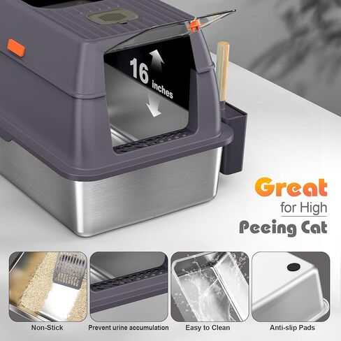 Stainless Steel Cat Litter Box with Lid & Cover, No Smell Extra Large Metal Covered Cat Litter Box for Big Cats, Enclosed Removable Kitty top Entry Litter Box with Enclosure, Anti-Leakage, Non-Sticky in Saudi Arabia