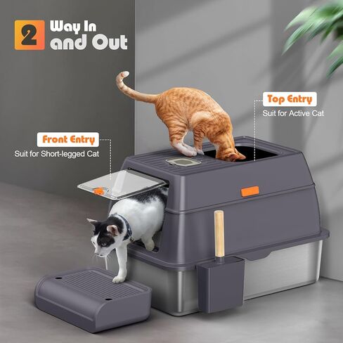 Stainless Steel Cat Litter Box with Lid & Cover, No Smell Extra Large Metal Covered Cat Litter Box for Big Cats, Enclosed Removable Kitty top Entry Litter Box with Enclosure, Anti-Leakage, Non-Sticky in Saudi Arabia