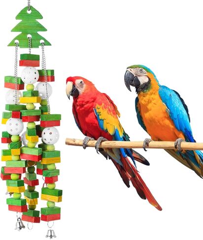 Large Bird Toy, Parrot Christmas Toy, Colorful Hanging Wooden Block Toy with Bells for Parrots, Christmas Tree Shape Safe Bird Chewing Toy Gift for Macaw, African Grey, Eclectus Parrot, Cockatoo in Saudi Arabia