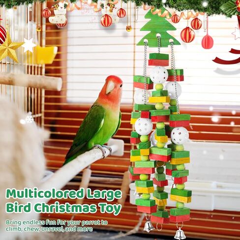 Large Bird Toy, Parrot Christmas Toy, Colorful Hanging Wooden Block Toy with Bells for Parrots, Christmas Tree Shape Safe Bird Chewing Toy Gift for Macaw, African Grey, Eclectus Parrot, Cockatoo in Saudi Arabia