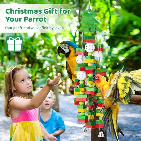Large Bird Toy, Parrot Christmas Toy, Colorful Hanging Wooden Block Toy with Bells for Parrots, Christmas Tree Shape Safe Bird Chewing Toy Gift for Macaw, African Grey, Eclectus Parrot, Cockatoo in Saudi Arabia