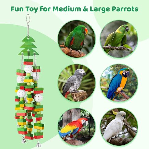 Large Bird Toy, Parrot Christmas Toy, Colorful Hanging Wooden Block Toy with Bells for Parrots, Christmas Tree Shape Safe Bird Chewing Toy Gift for Macaw, African Grey, Eclectus Parrot, Cockatoo in Saudi Arabia