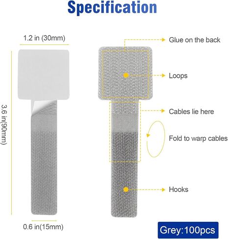 100pcs Hook and Loop Cable Ties, gliship Adhesive Wire Management, Adjustable Cable Straps Cord Wrappers Keeper Cord Holder, Sticky-back Cord Organizer for Kitchen Appliances at Office, Home - Grey in Kuwait