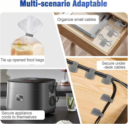 100pcs Hook and Loop Cable Ties, gliship Adhesive Wire Management, Adjustable Cable Straps Cord Wrappers Keeper Cord Holder, Sticky-back Cord Organizer for Kitchen Appliances at Office, Home - Grey in Kuwait