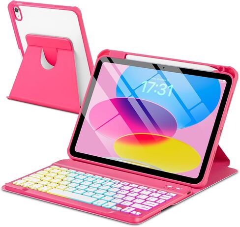 Case with Keyboard for iPad 10th Generation 10.9 inch 2022,7 Color Rainbow Backlit Detachable Wireless Keyboard Rotatable Magnetic Cover with Pencil Holder for iPad 10 Gen Watermelon Red in Saudi Arabia