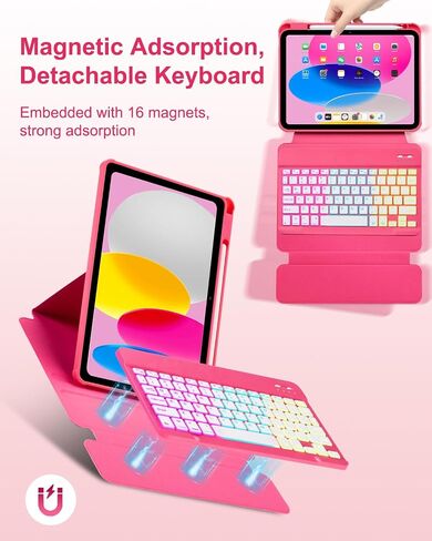 Case with Keyboard for iPad 10th Generation 10.9 inch 2022,7 Color Rainbow Backlit Detachable Wireless Keyboard Rotatable Magnetic Cover with Pencil Holder for iPad 10 Gen Watermelon Red in Saudi Arabia