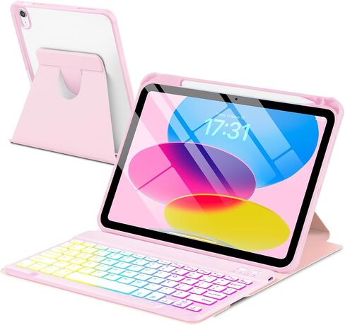 Case with Keyboard for iPad 10th Generation 10.9 inch 2022,7 Color Rainbow Backlit Detachable Wireless Keyboard Rotatable Magnetic Cover with Pencil Holder for iPad 10 Gen Watermelon Red in Saudi Arabia