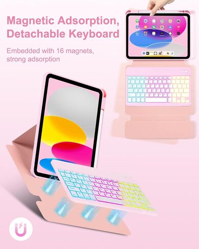 Case with Keyboard for iPad 10th Generation 10.9 inch 2022,7 Color Rainbow Backlit Detachable Wireless Keyboard Rotatable Magnetic Cover with Pencil Holder for iPad 10 Gen Watermelon Red in Saudi Arabia